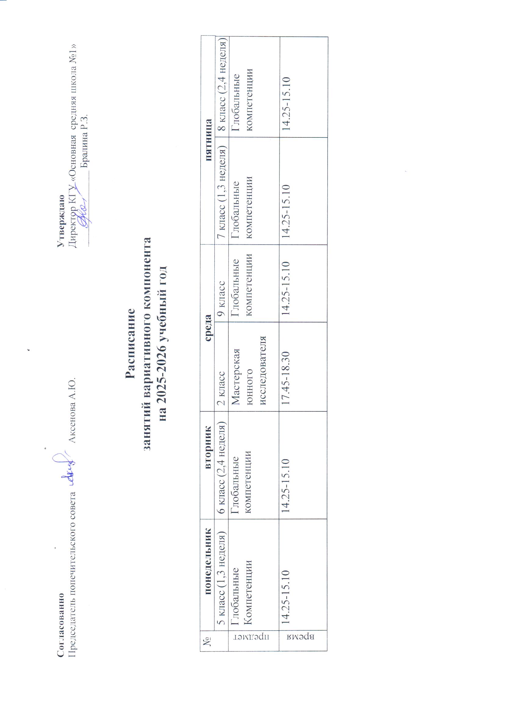 Расписание вариативного компонета